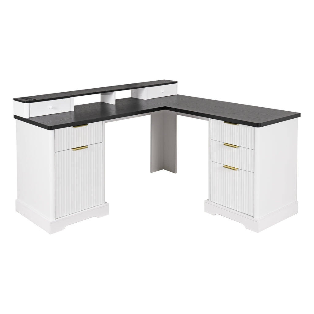 White fluted L-shaped desk with charging station — front view