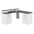 White fluted L-shaped desk with charging station — front view
