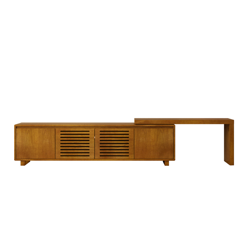 Brown ebony media console expandable panel detail