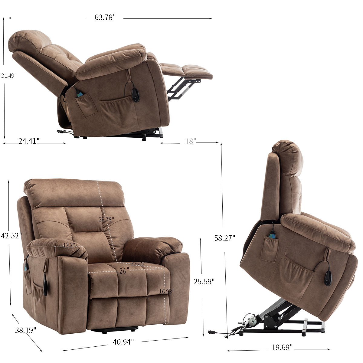 Power lift recliner antique brown velvet — full product view