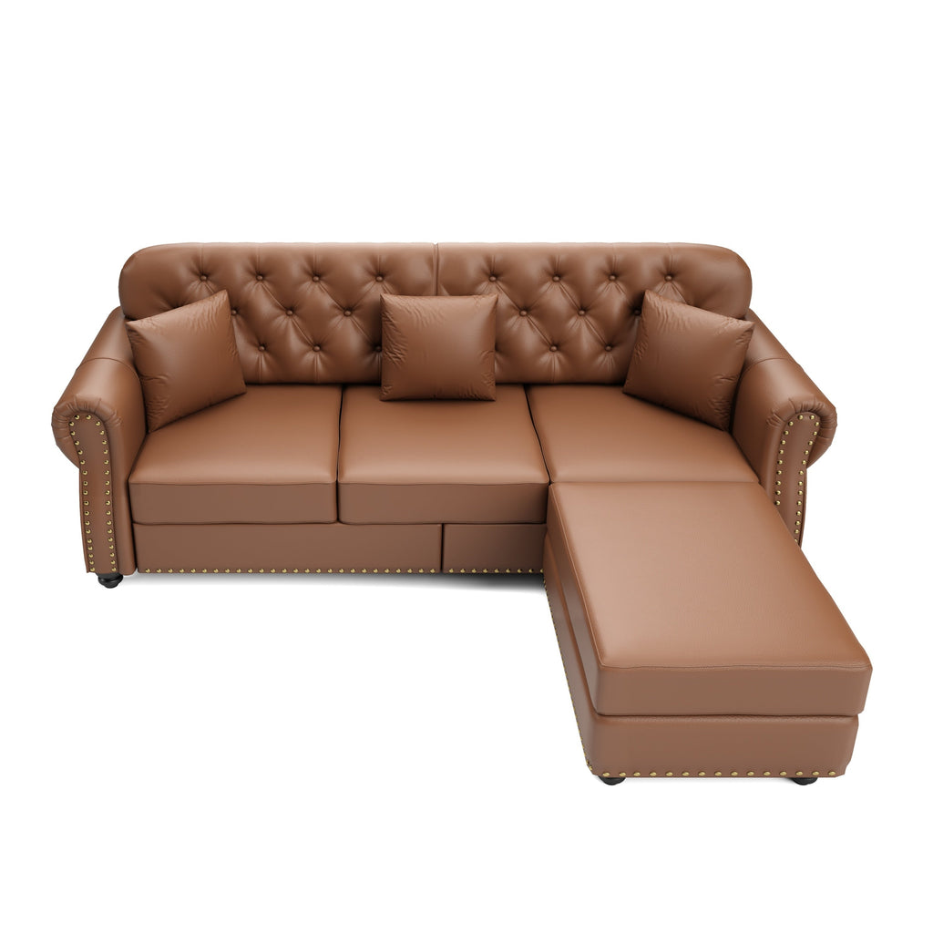 82.6'Upholstered Faux Leather Sofa with Nailhead Trim and Rolled Armrests,Mid-Century Modern Chesterfield Sofa with Button Tufted,Includes 3 Pillows,Black