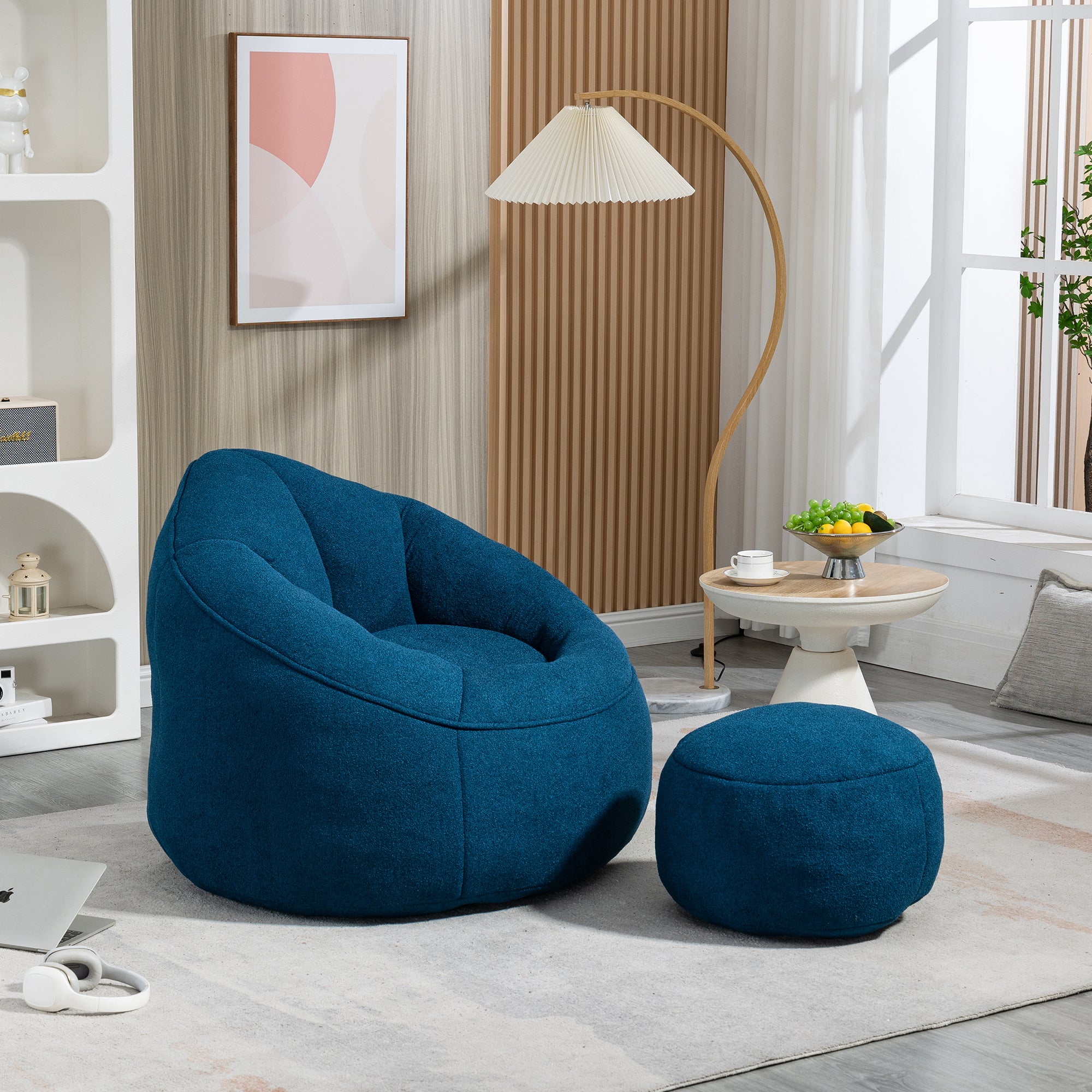 Blue bean bag chair with matching footrest