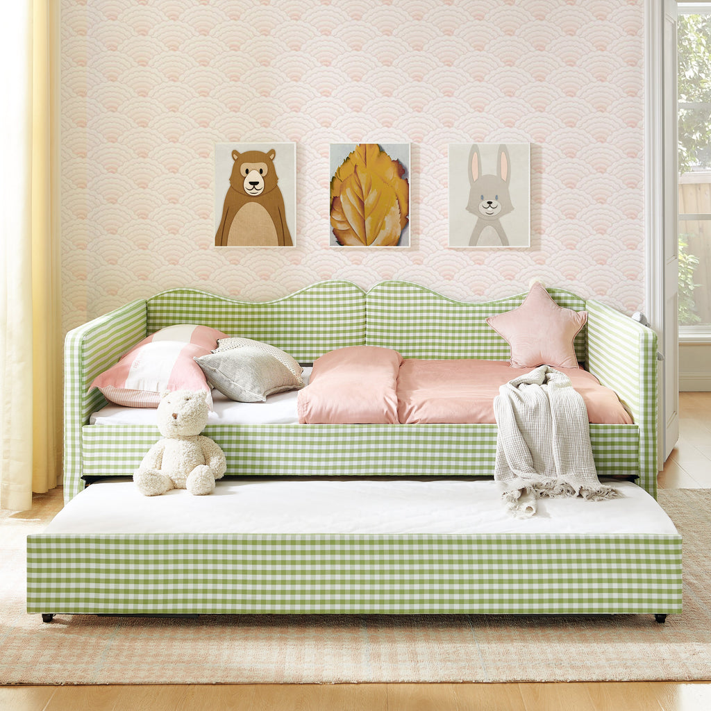 Full‑Size Daybed,Gingham Upholstered Daybed Equipped with Pull-Out Trundle Bed Frame & Side Storage Pocket, Solid Wood Frame Multi-Functional Sofa Bed for Kids Room & Guest Bedroom-PINK