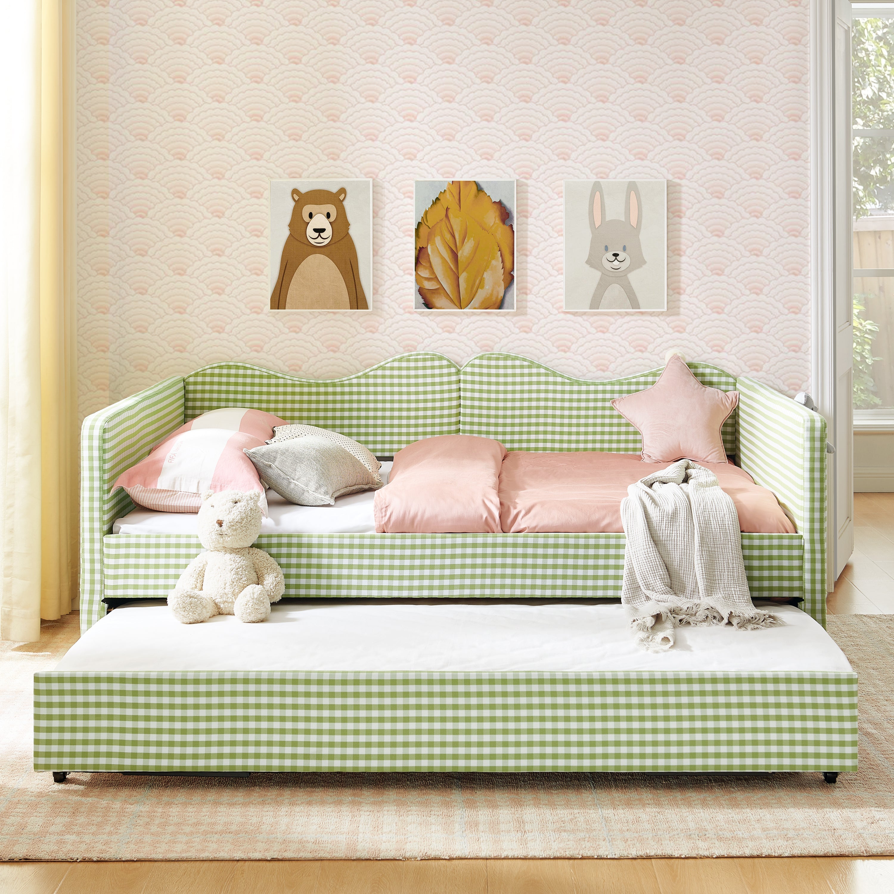 Full‑Size Daybed,Gingham Upholstered Daybed Equipped with Pull-Out Trundle Bed Frame & Side Storage Pocket, Solid Wood Frame Multi-Functional Sofa Bed for Kids Room & Guest Bedroom-PINK