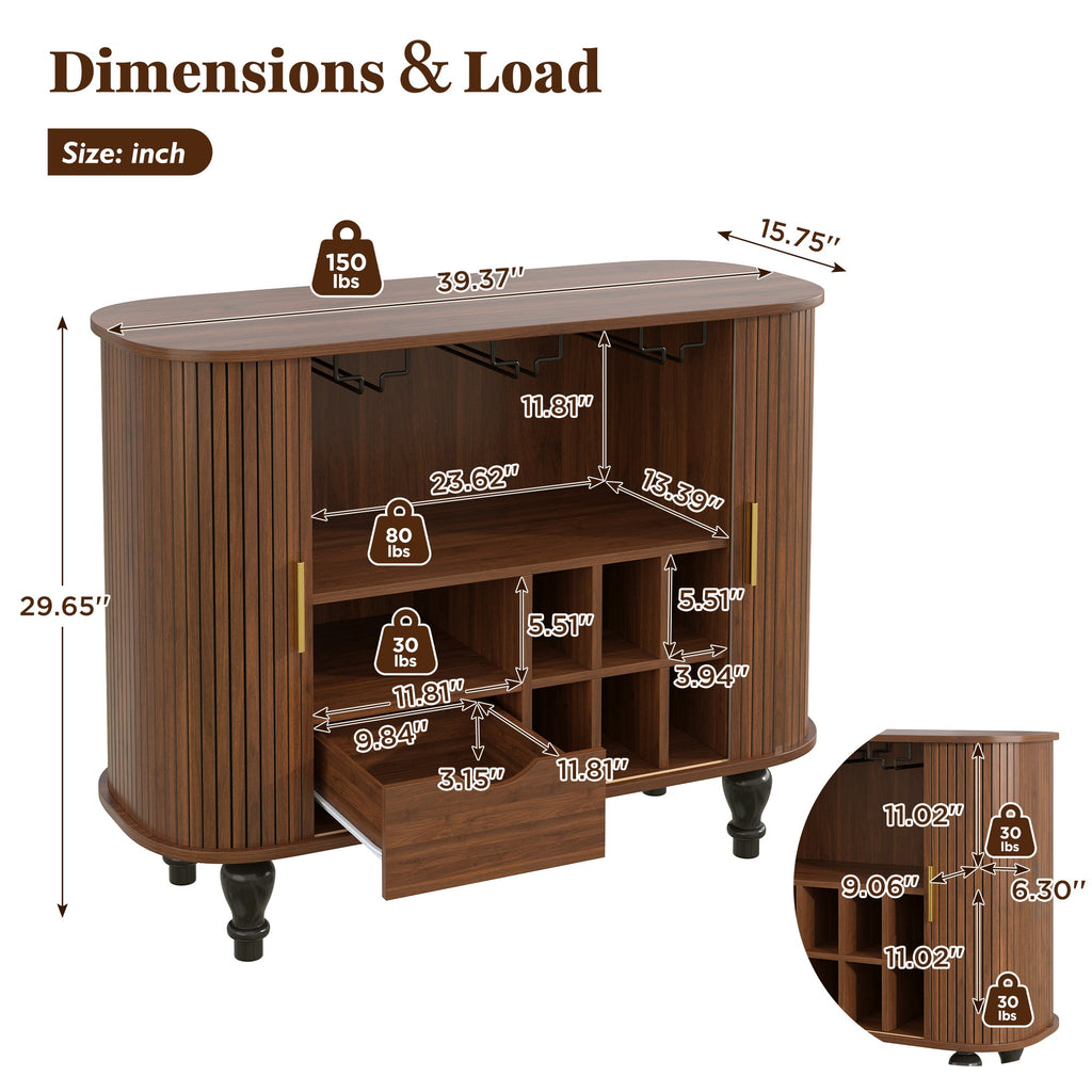 39' Fluted Liquor & Coffee Bar Cabinet with 6 Wine Racks and 3 Glass Holders, Mid-Century Modern Bar Cabinet with A Large Storage Drawer ,4 Hidden Storage Space on the Side , Black