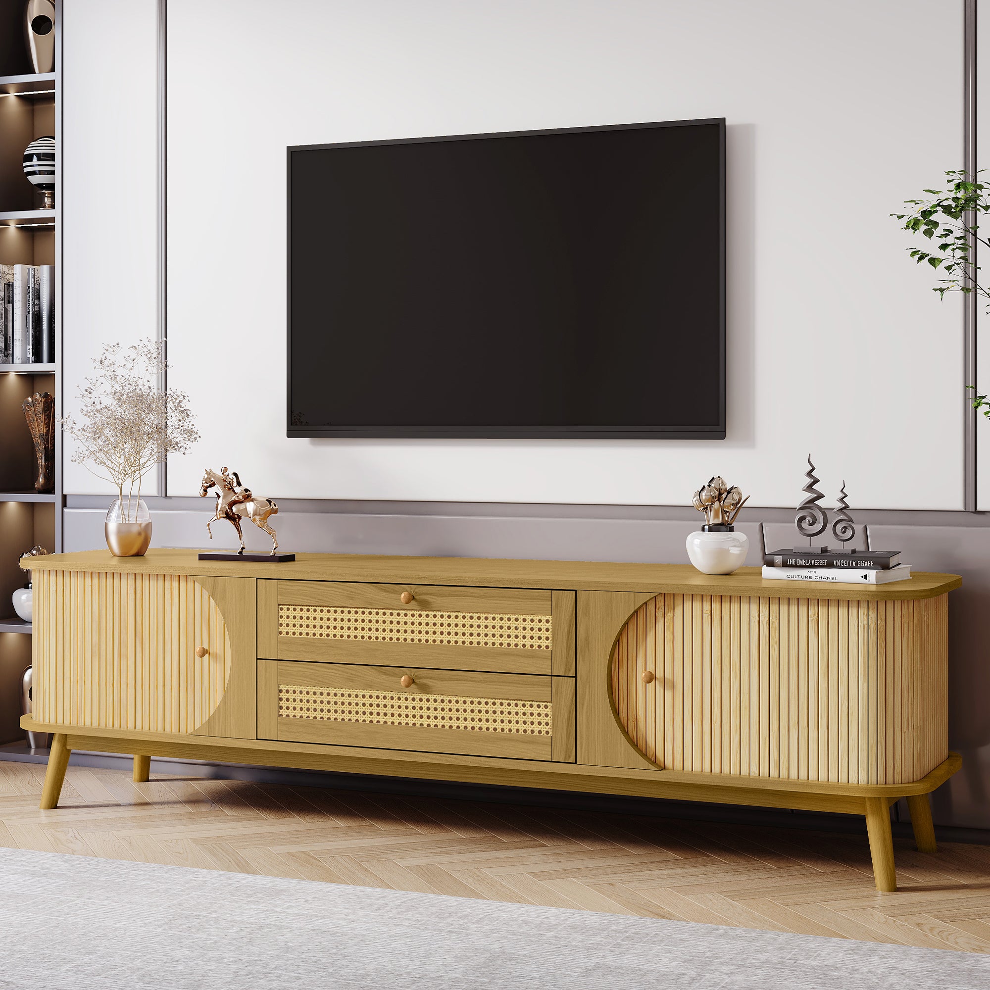 Rattan drawer detail on natural wood TV stand
