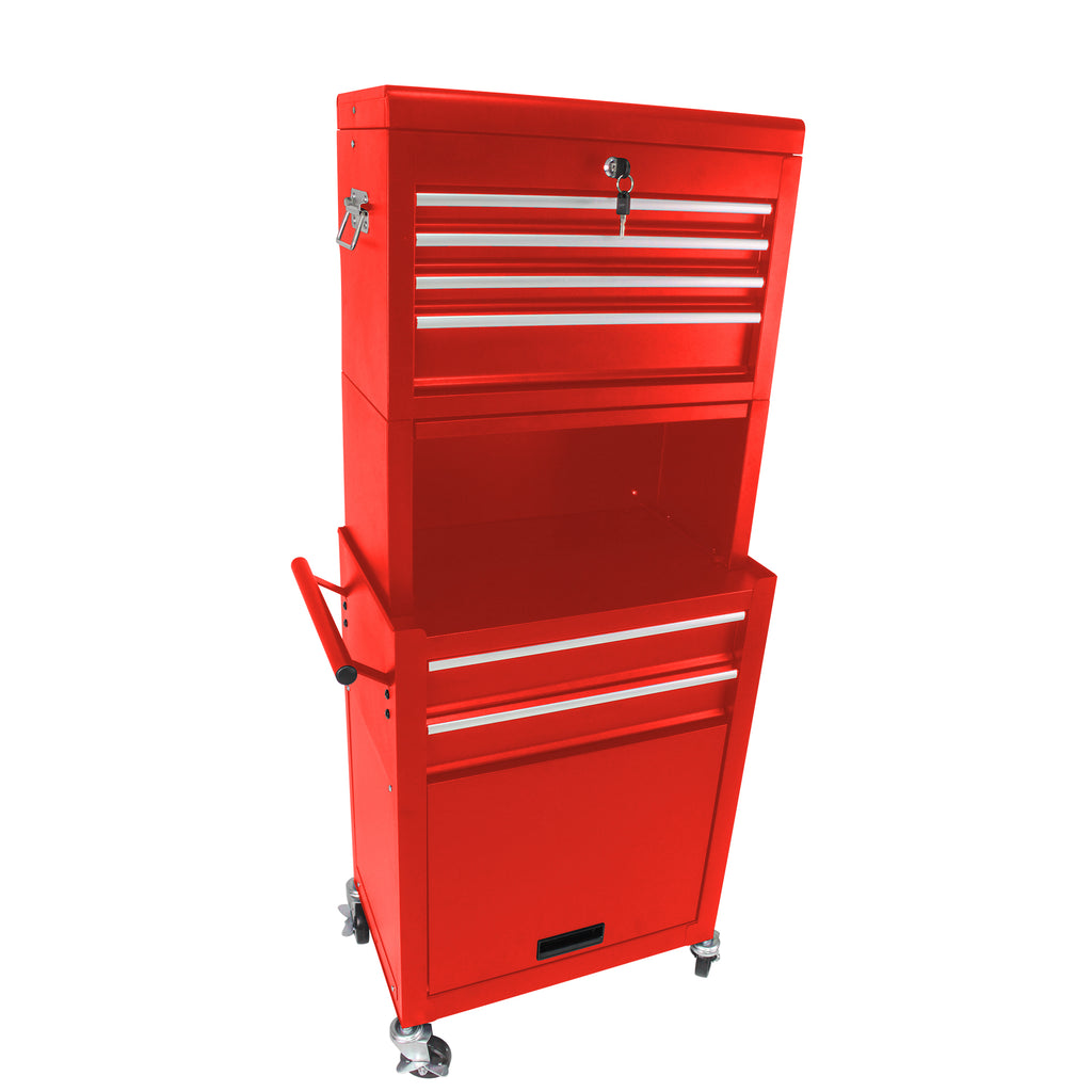 Red metal garage tool storage on wheels full view
