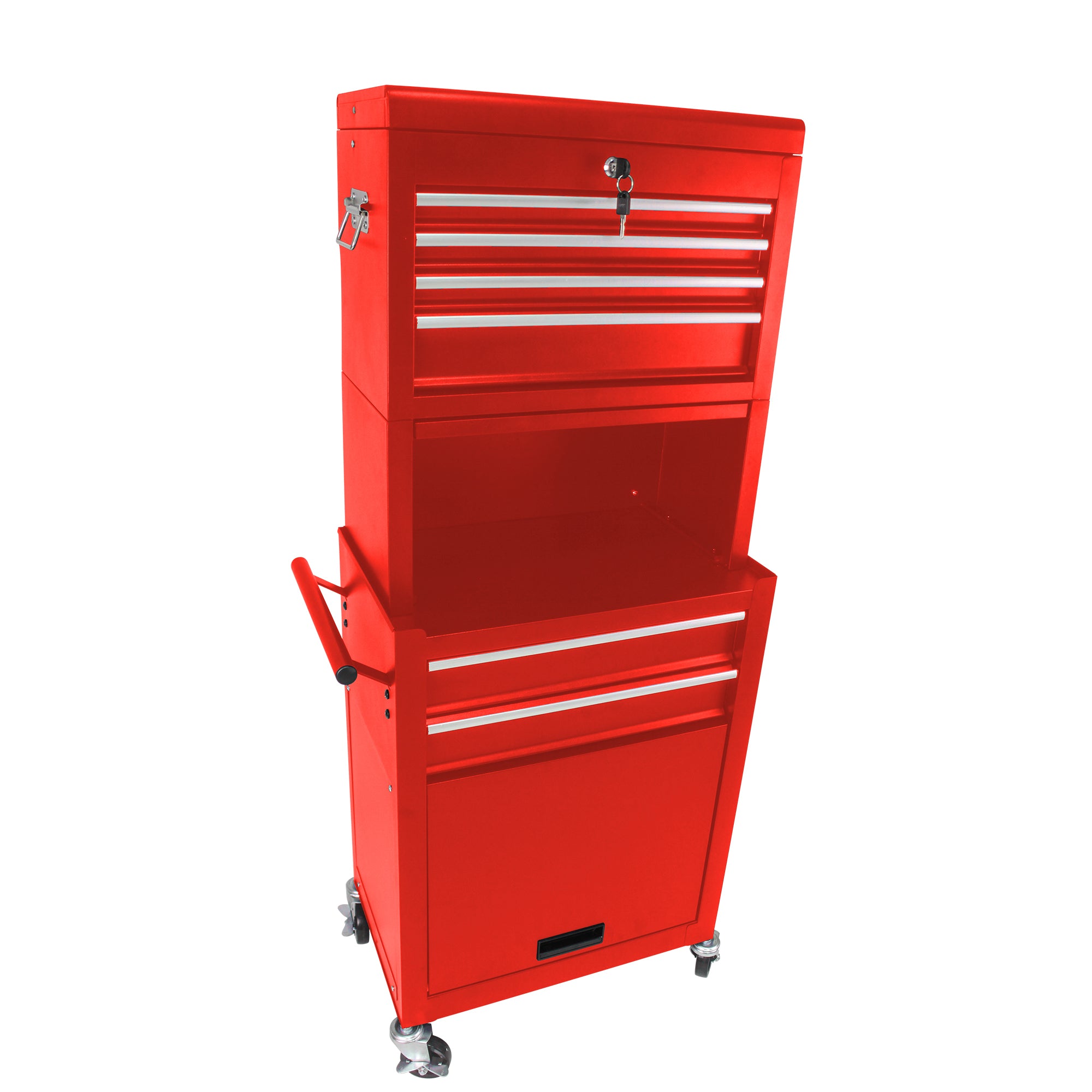 Red metal garage tool storage on wheels full view