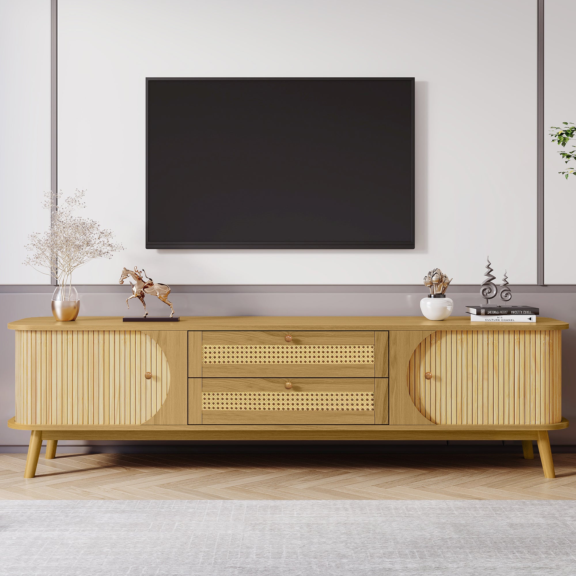 Modern entertainment center with solid wood legs