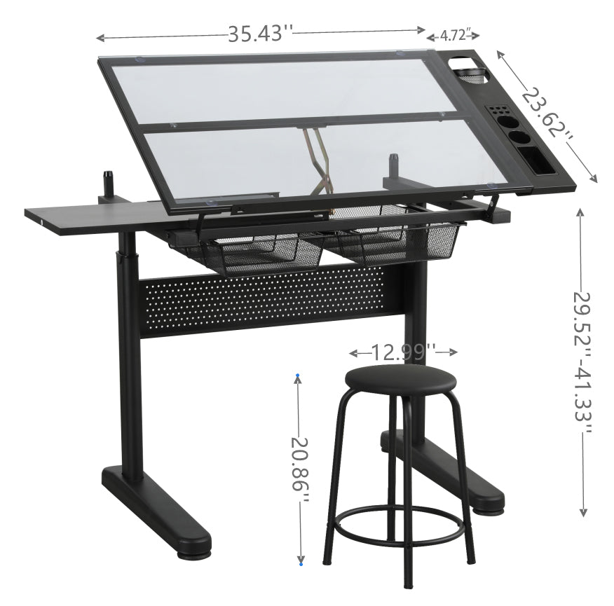 Adjustable drawing desk with tiltable tempered glass desktop
