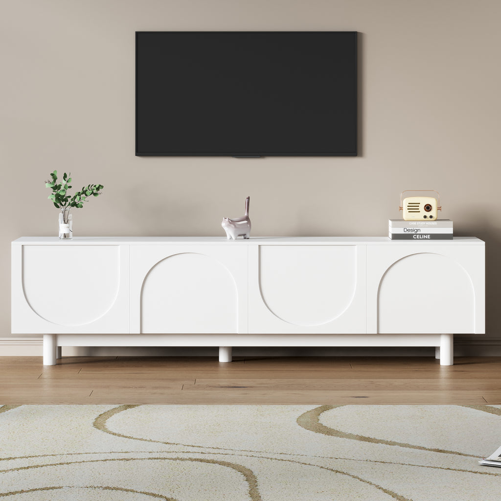 White media console with arch cabinet doors angle view
