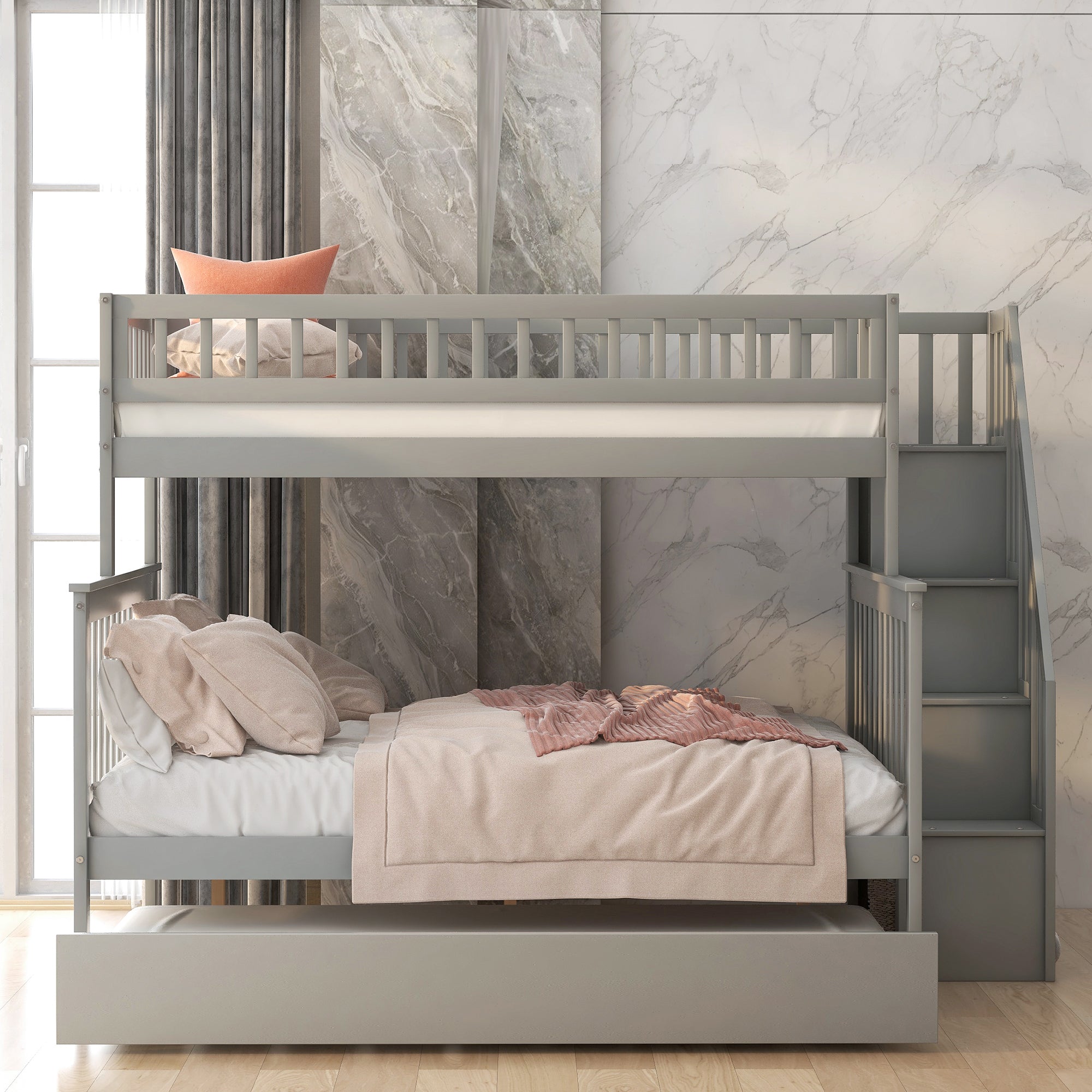 Twin over full bunk bed with pull-out trundle — side view
