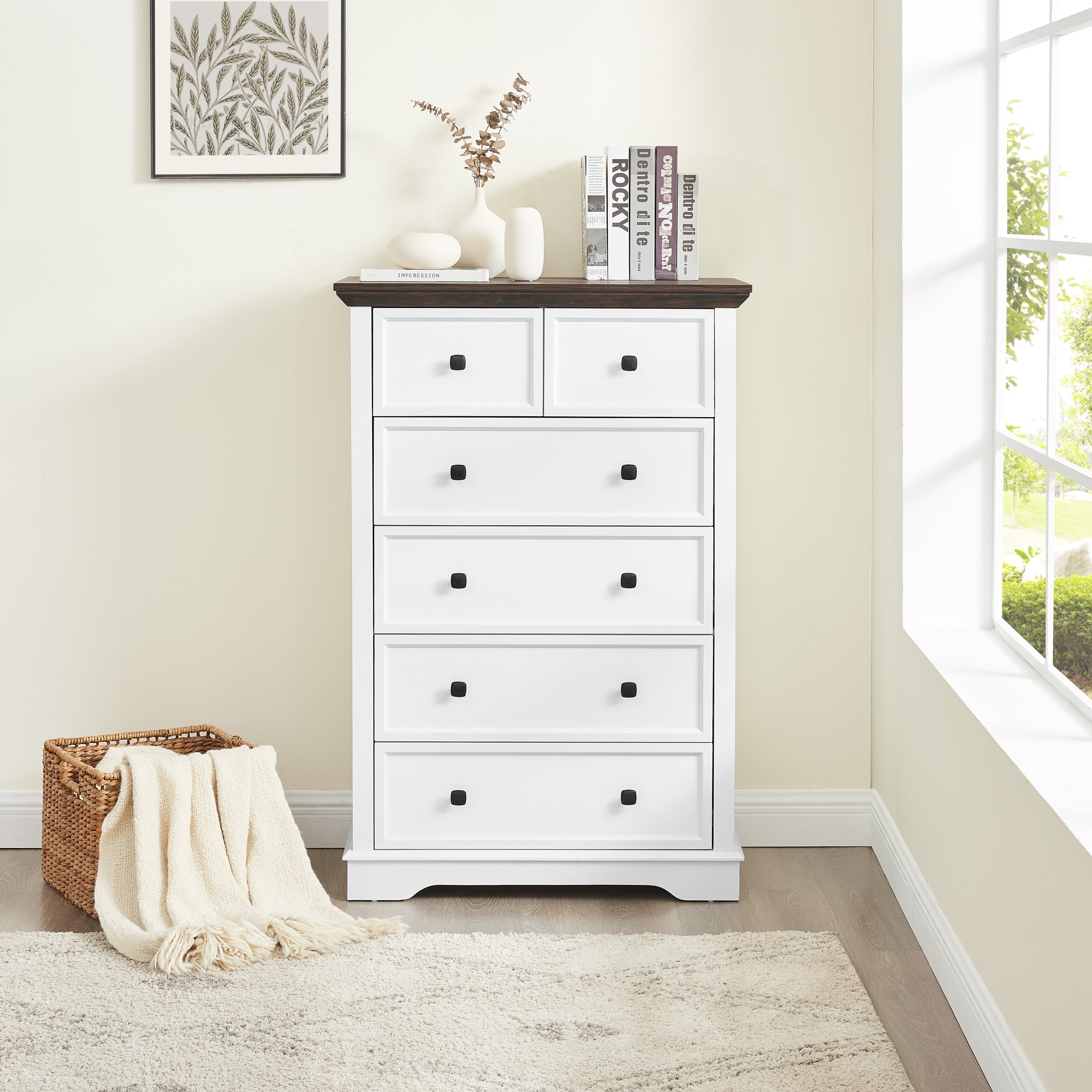 White chest of drawers with black grain accents — full overview
