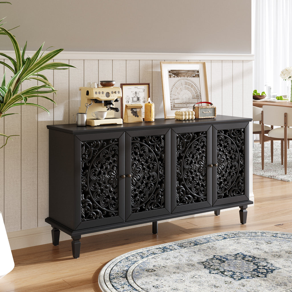 Antique black farmhouse buffet cabinet floral carvings — front view