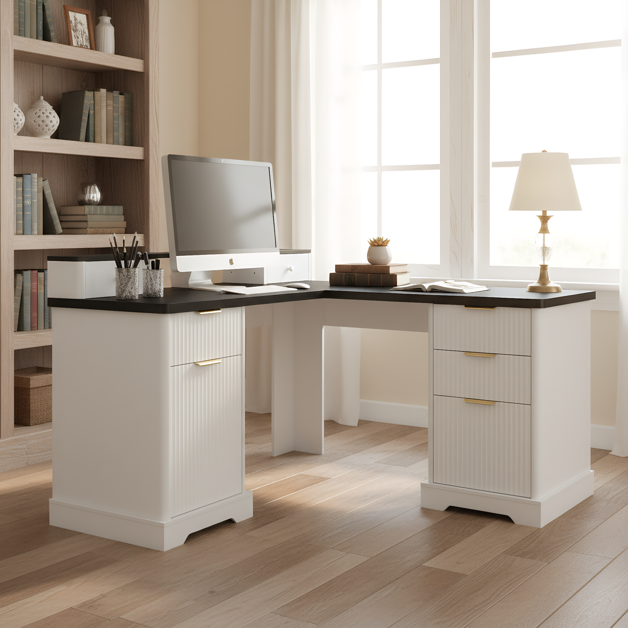 59-inch white L-shaped home office desk with monitor stand — angle view
