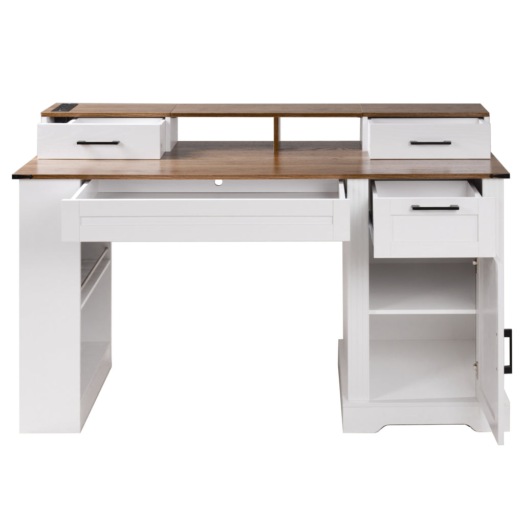 White farmhouse desk cabinet door open adjustable shelf view