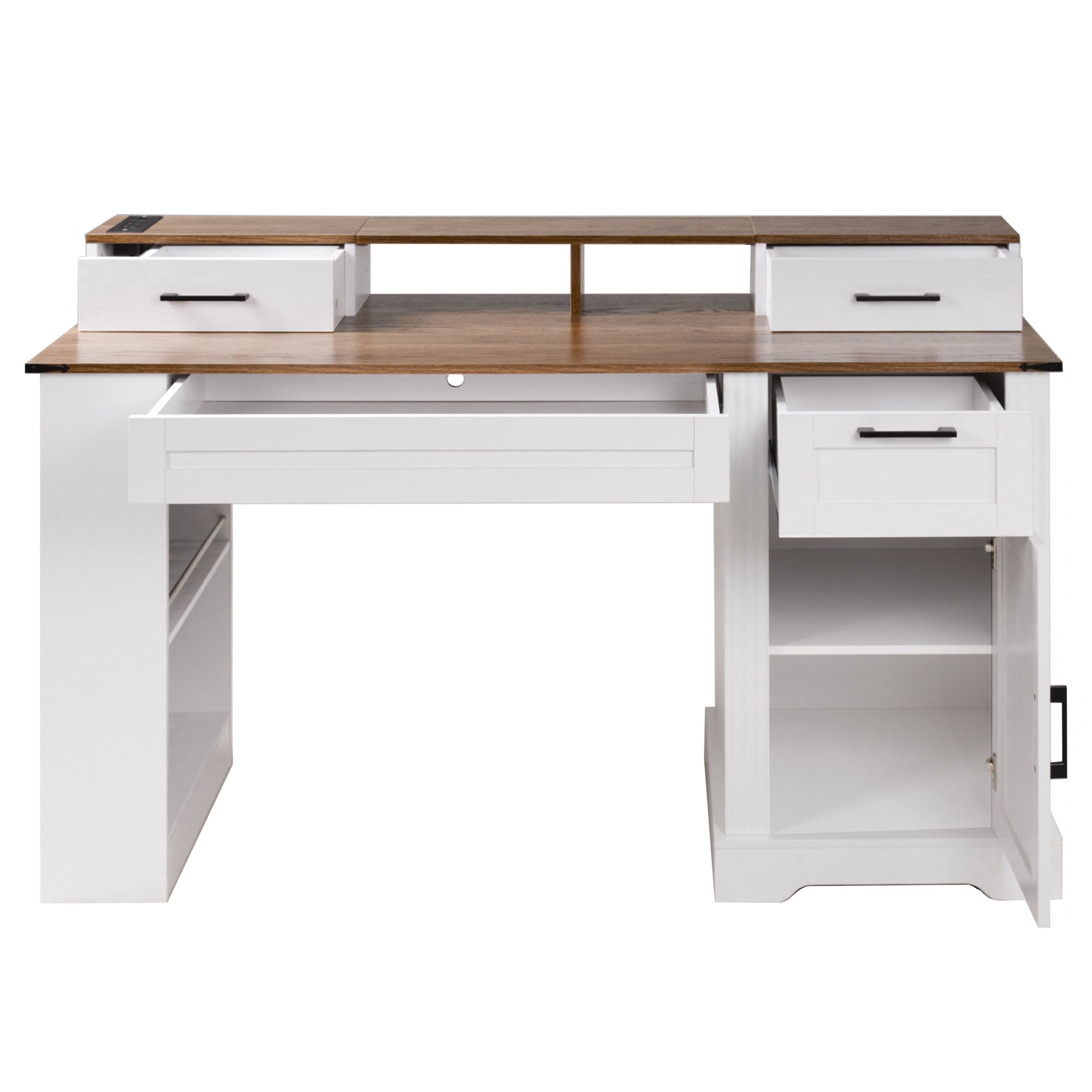 White farmhouse desk cabinet door open adjustable shelf view