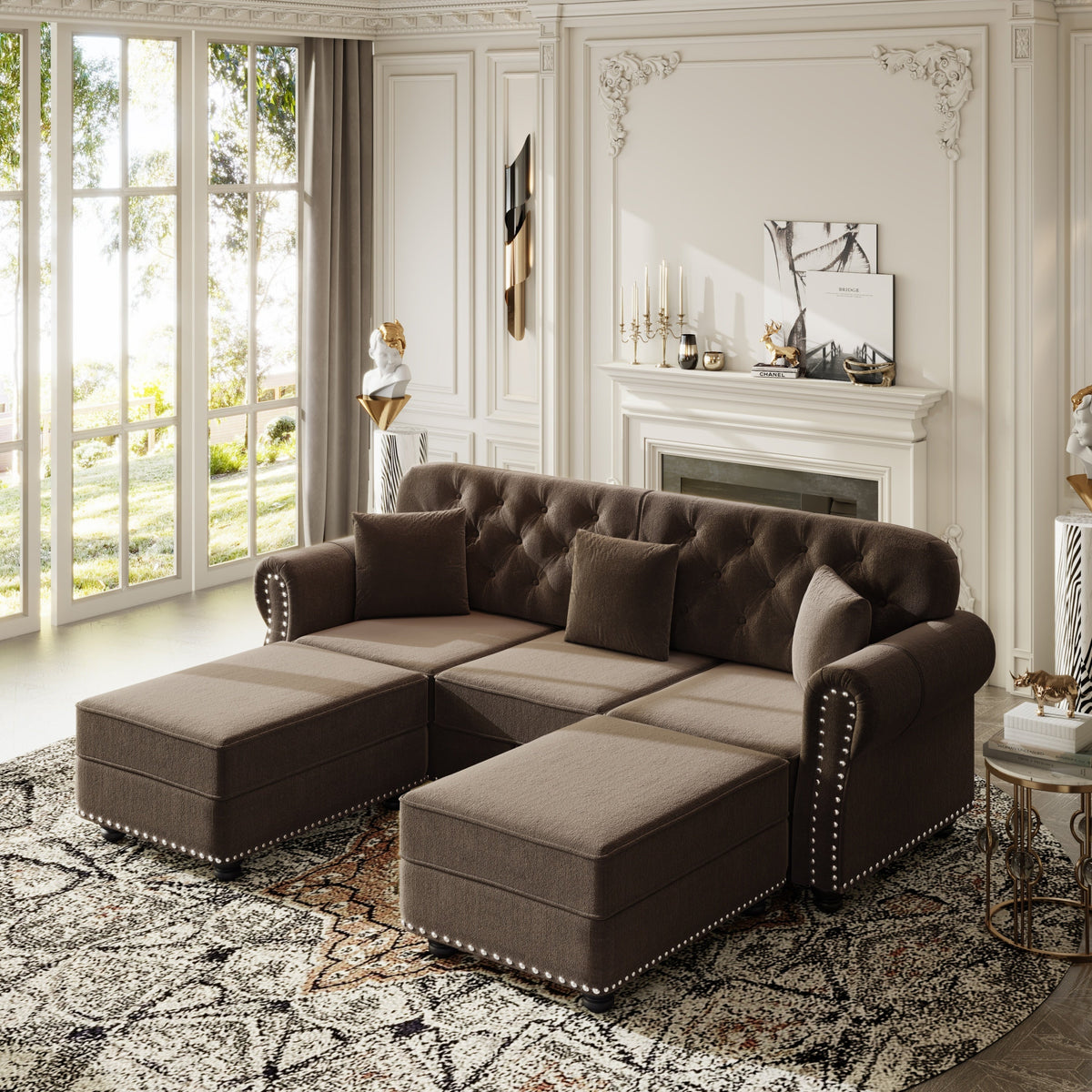 82.6'Upholstered Velvet Sofa with Nailhead Trim and Rolled Armrests,Mid-Century Modern Chesterfield Sofa with Button Tufted,Includes 3 Pillows,Burgundy