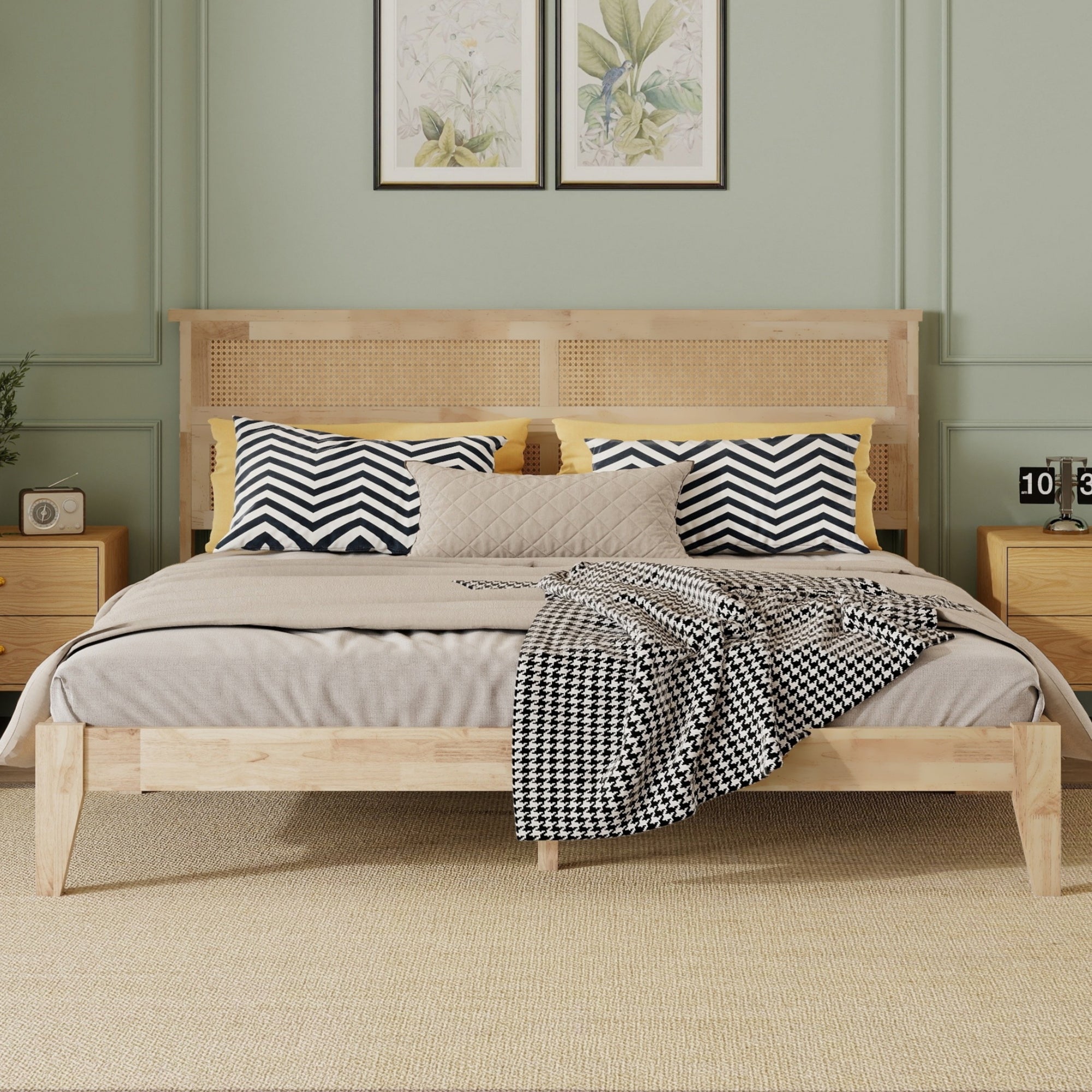 King Size Solid Wood Bed with Rattan Headboard, Rubber Wood Bed with Central Support Beams and Enhanced Feet,Natural