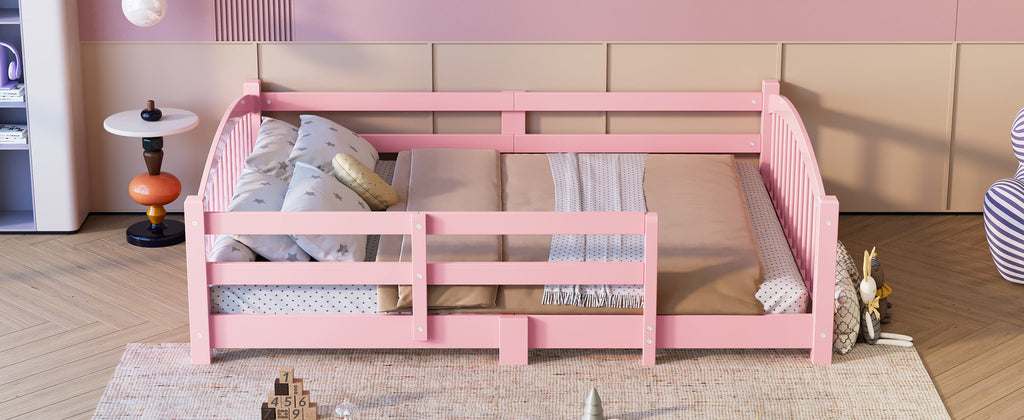 Full Montessori Floor Bed with Slats and Safety Guardrails, Solid Wood Floor Bed with Fence and Without Door, Easy Assemble Montessori Bed for Girls and Boys, Gray