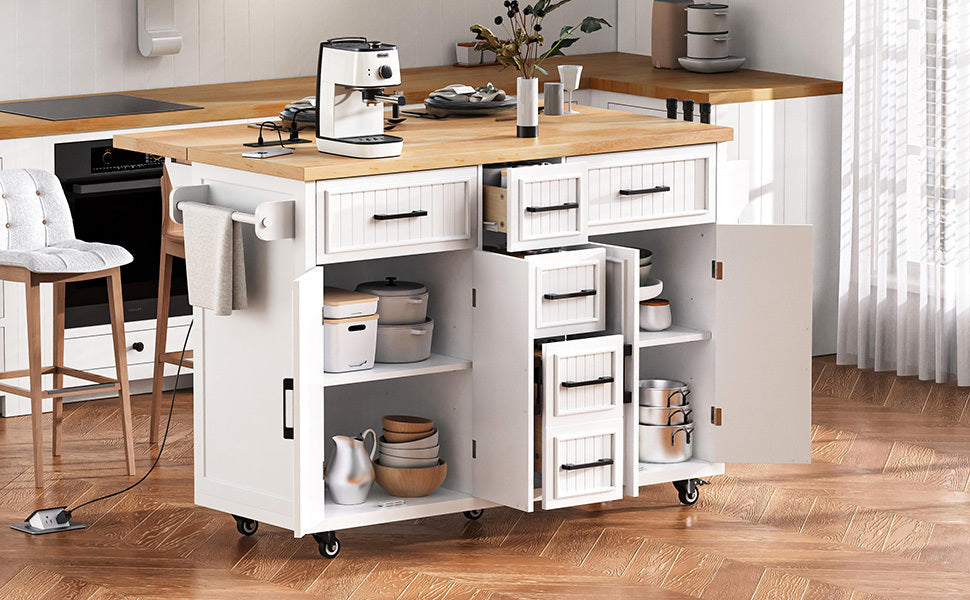 K&K 56.5'' Kitchen Island with Drop Leaf, Power Outlet, Embossed Vertical Stripe Rolling Kitchen Cart on Wheels with 4 Doors , 5 Deep Drawers and Adjustable Shelves, for Kitchen, Dining Room, Black