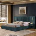 King Size Upholstered Bed Frame with Chenille fabric with pleated design,Grounded King Size Platform Bed with Headboard and Solid Frame and the bedside table.No Box Spring Needed-Blue-Green