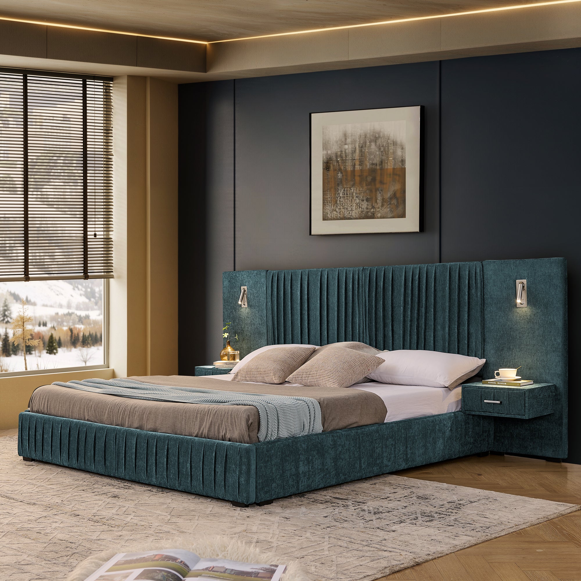 King Size Upholstered Bed Frame with Chenille fabric with pleated design,Grounded King Size Platform Bed with Headboard and Solid Frame and the bedside table.No Box Spring Needed-Blue-Green