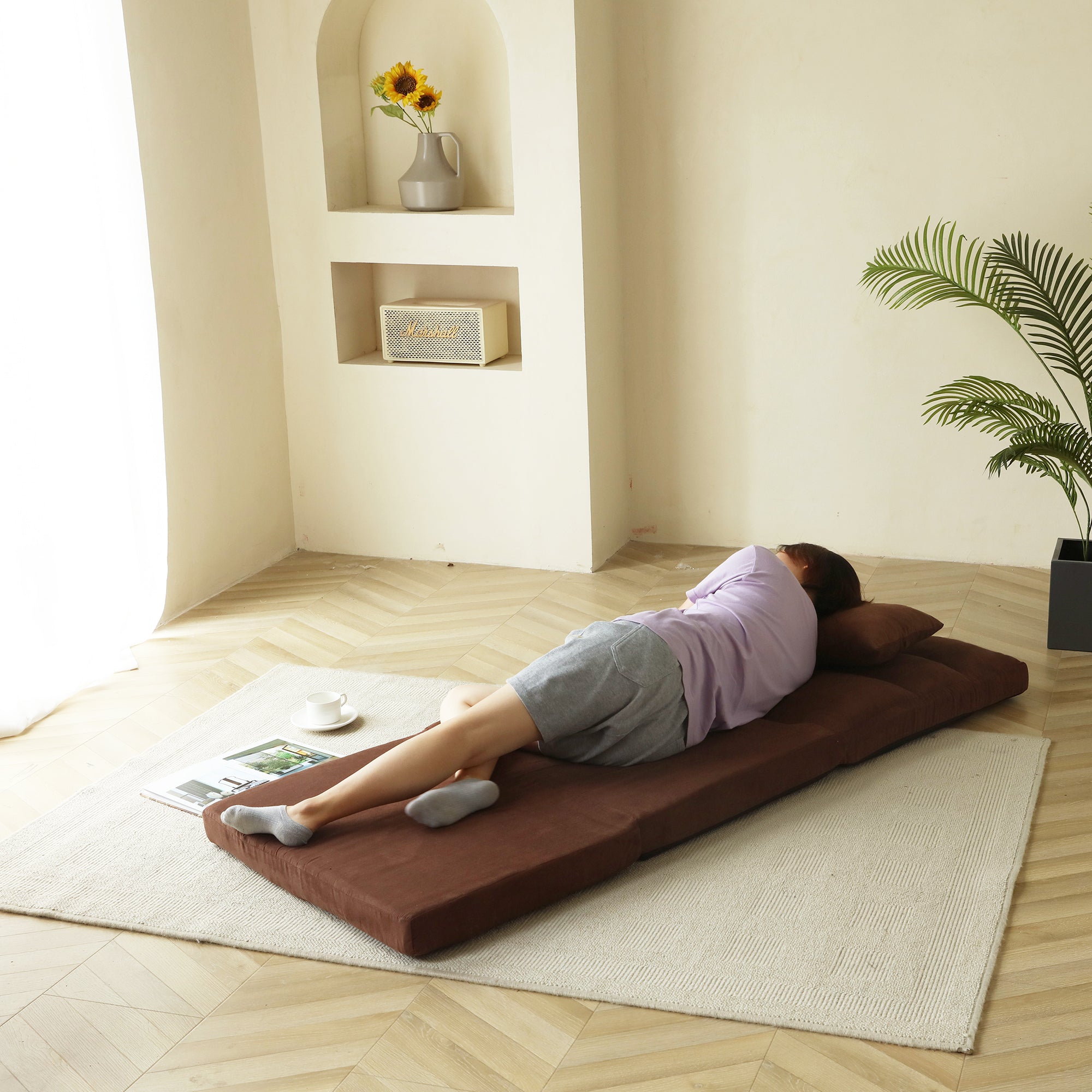 Brown metal frame floor sofa bed — side profile