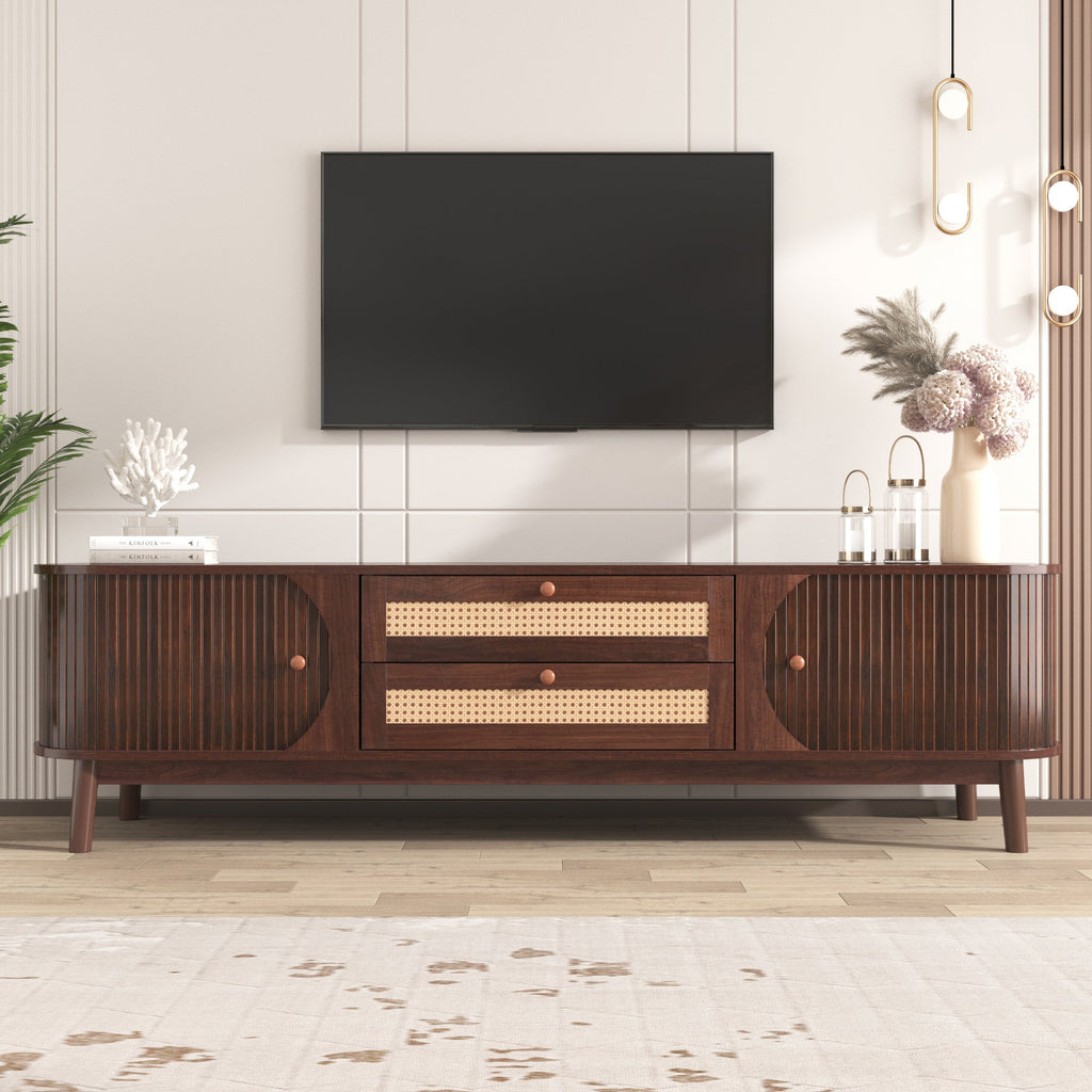 Modern Farmhouse Rattan TV Stand — for TVs Up to 75" (Natural Wood)