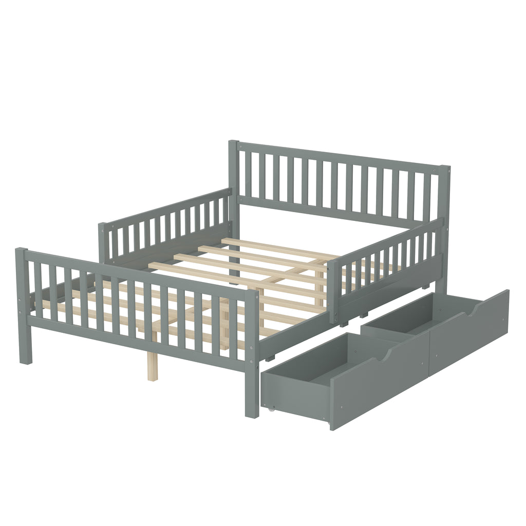Platform bed slat system close-up — eight solid wood slats