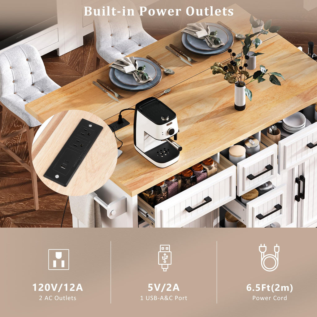 K&K 56.5'' Kitchen Island with Drop Leaf, Power Outlet, Embossed Vertical Stripe Rolling Kitchen Cart on Wheels with 4 Doors , 5 Deep Drawers and Adjustable Shelves, for Kitchen, Dining Room, Black