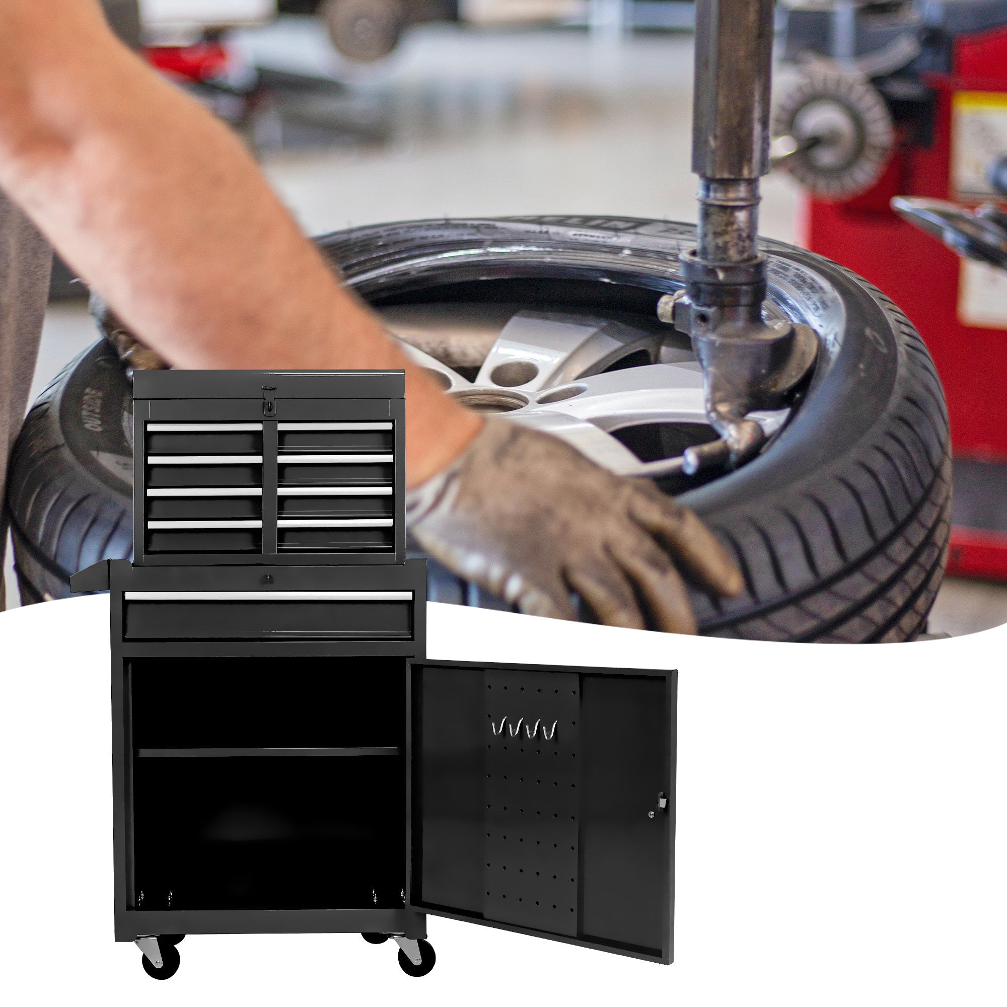 Metal tool storage cabinet on casters — angle view