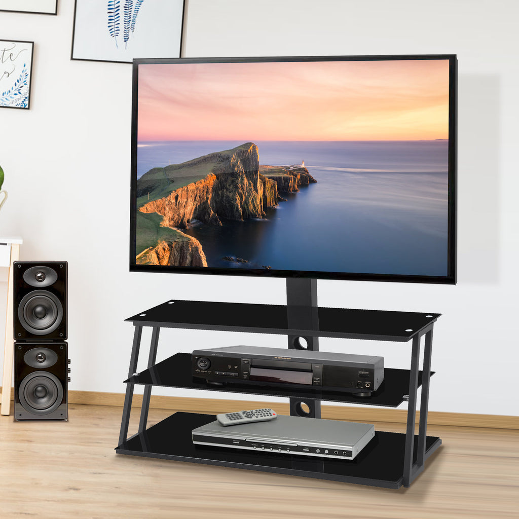 Black swivel floor TV stand glass shelf capacity detail