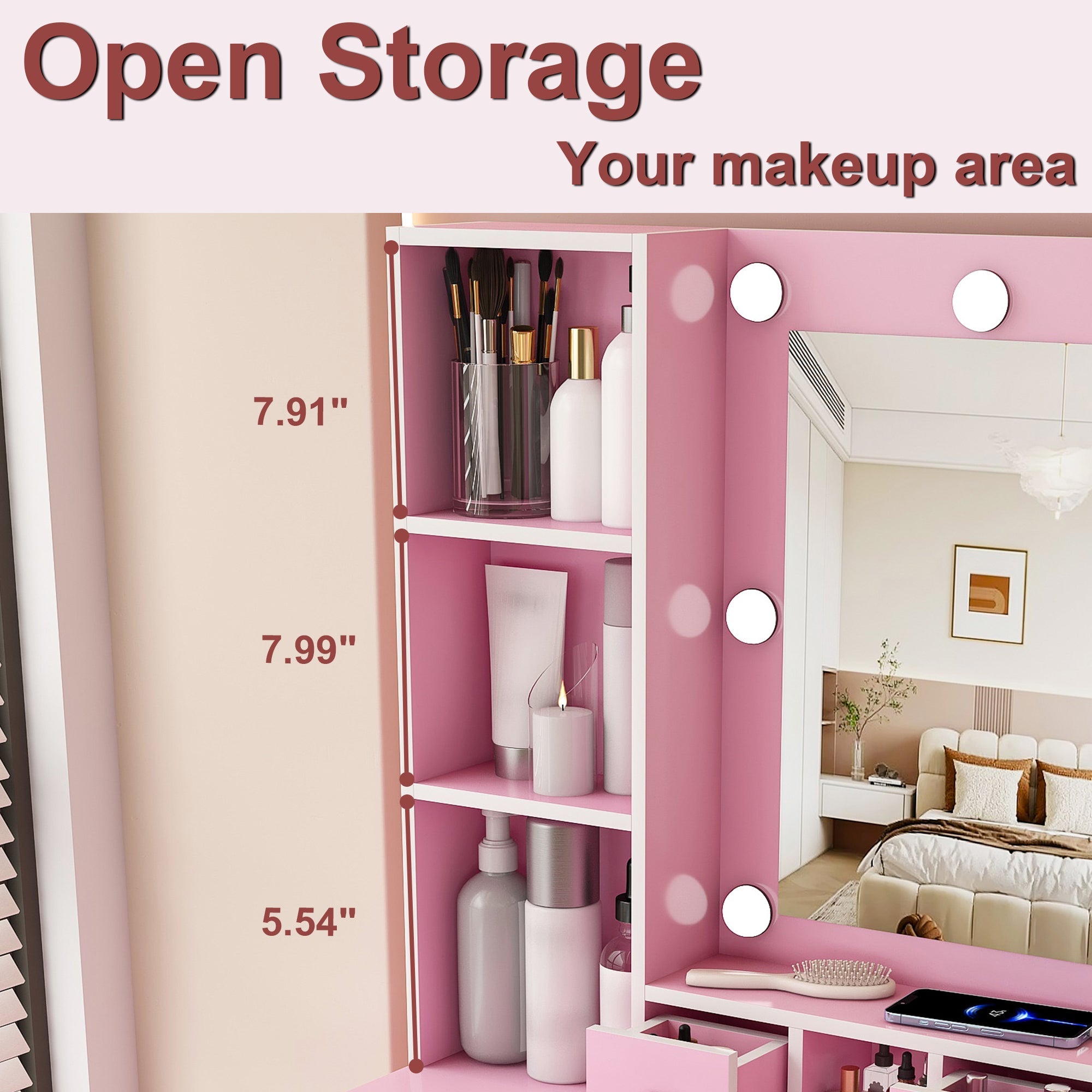 Vanity Table with Mirror, Adjustable LED Lights, Power Outlet, Hairdryer Holder & Stool – Compact Dressing Desk for Small Bedrooms
