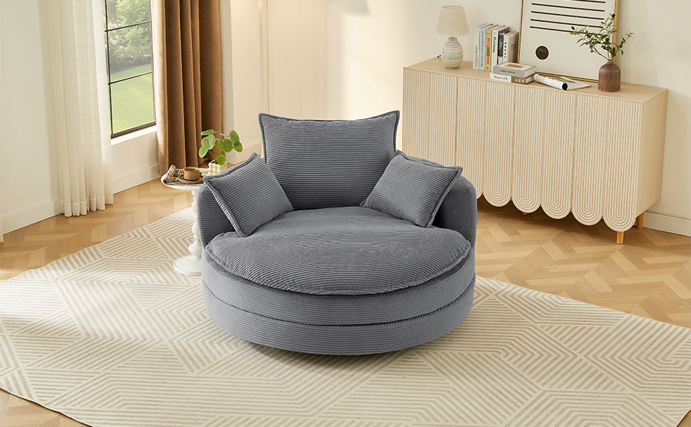 Blue Corduroy 360° Swivel Barrel Accent Chair with Dual-Layer Cushion & 3 Pillows