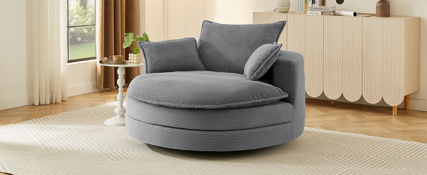 Blue Corduroy 360° Swivel Barrel Accent Chair with Dual-Layer Cushion & 3 Pillows