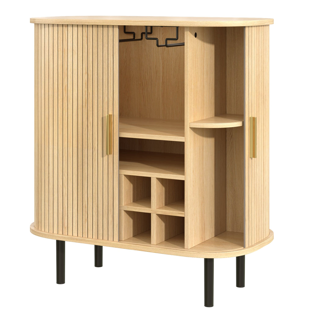 28' Fluted Wine Bar Cabinet with 8-Grid Wine Rack, 5-Level Adjustable Shelves, 2 Glass Holders, Smoothly Sliding Tambour Doors, 4 Hidden Storage Space on the Side, Modern Liquor Coffee Station, Black