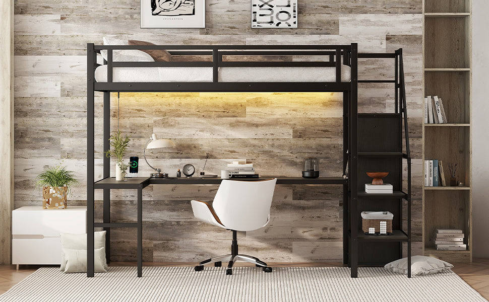 Metal loft bed frame guardrail and stair detail close-up