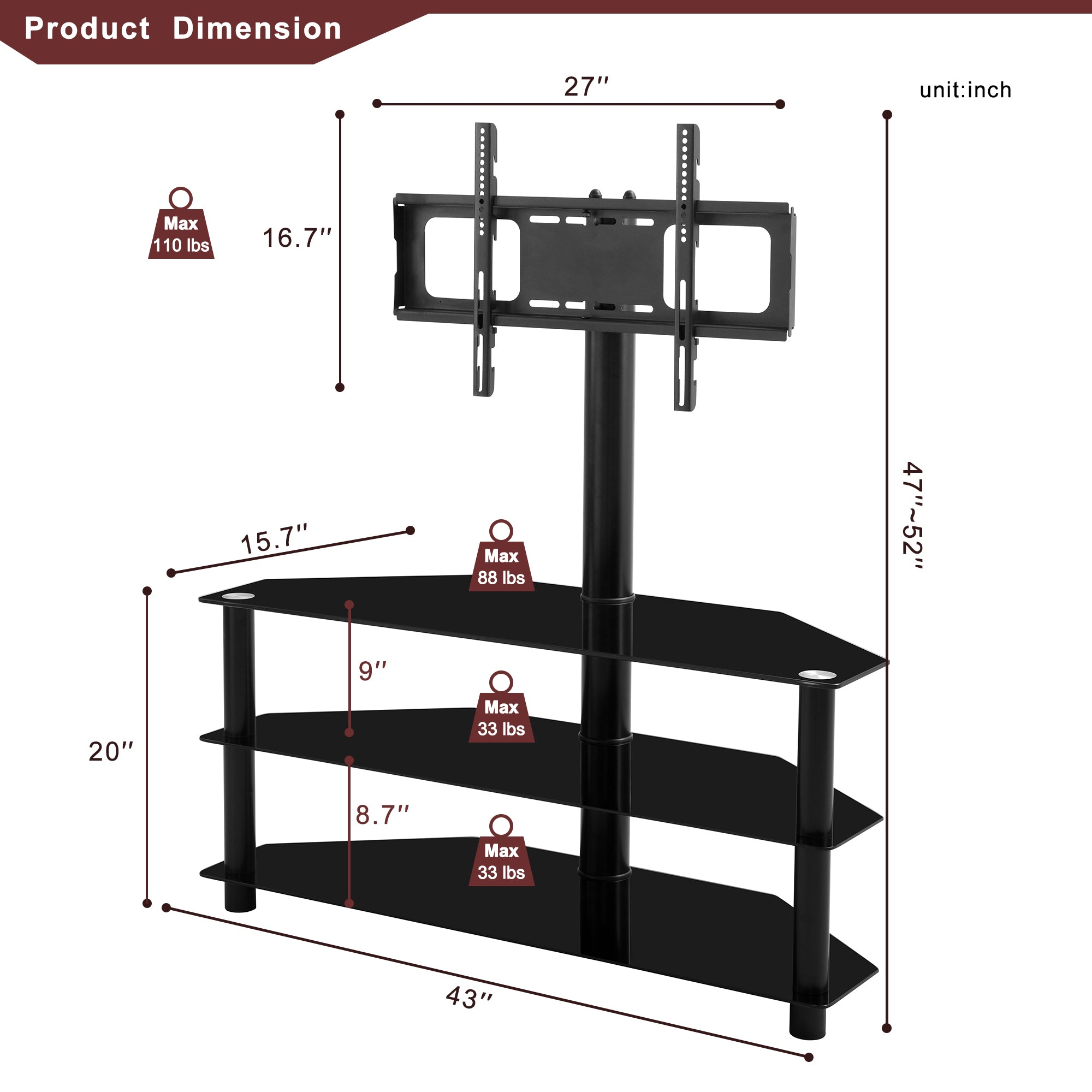 Swivel TV stand with three glass shelves angle view