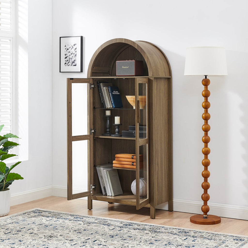 A high arched storage cabinet with a lamp, a modern retro-style wooden storage cabinet with adjustable glass partitions, suitable for use as a multi-functional cabinet in kitchens-Black