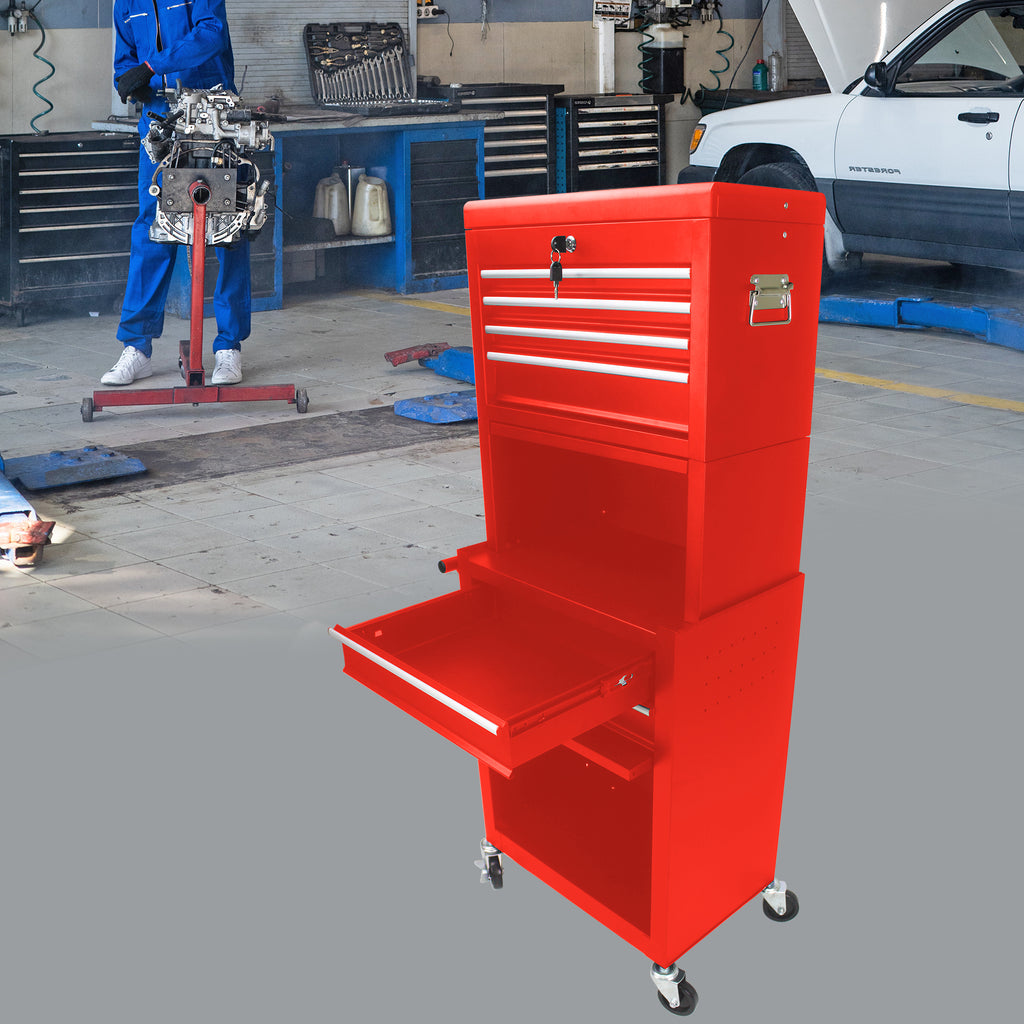 Red rolling tool chest drawer capacity demonstration