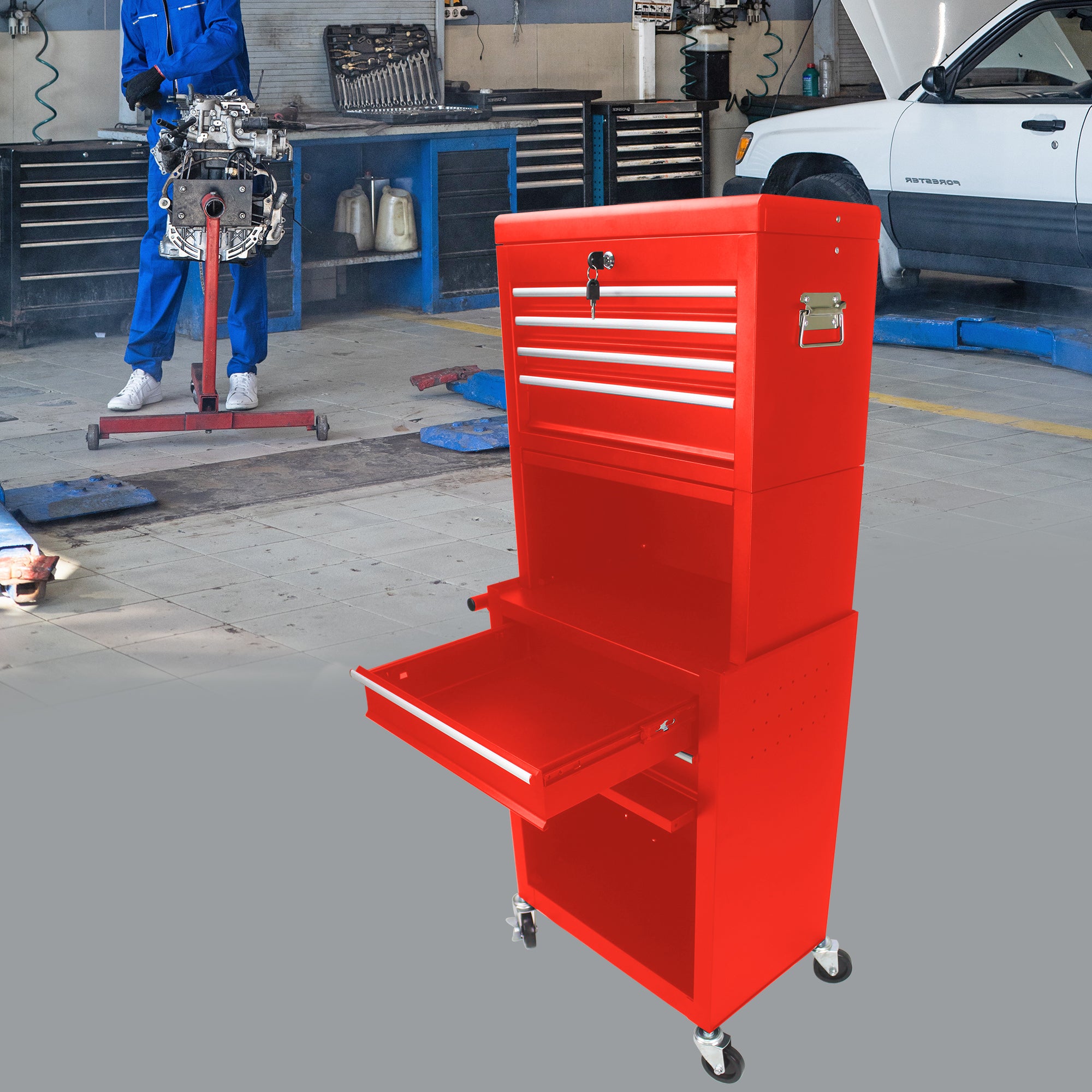 Red rolling tool chest drawer capacity demonstration