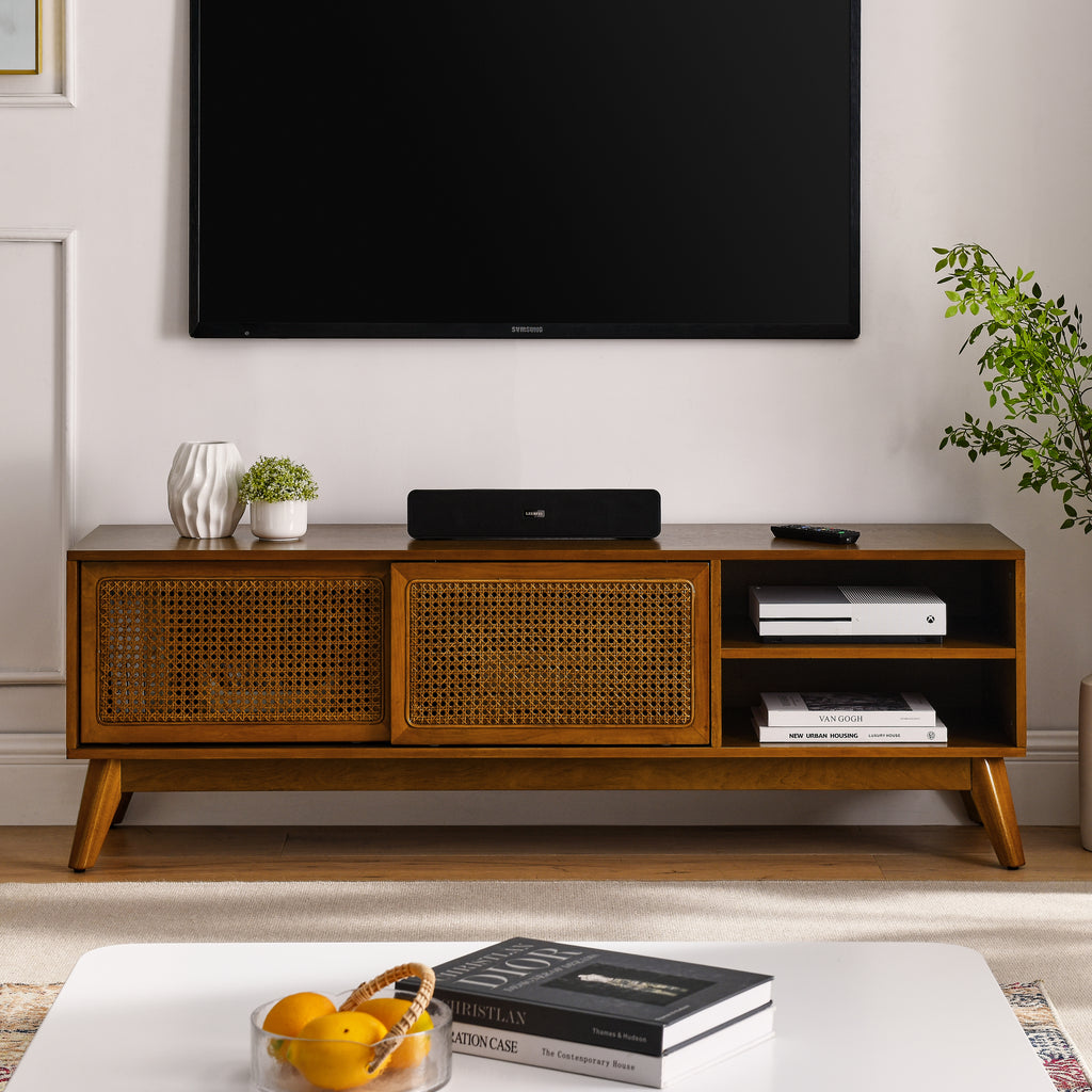 Light wood mid-century rattan TV stand — front view
