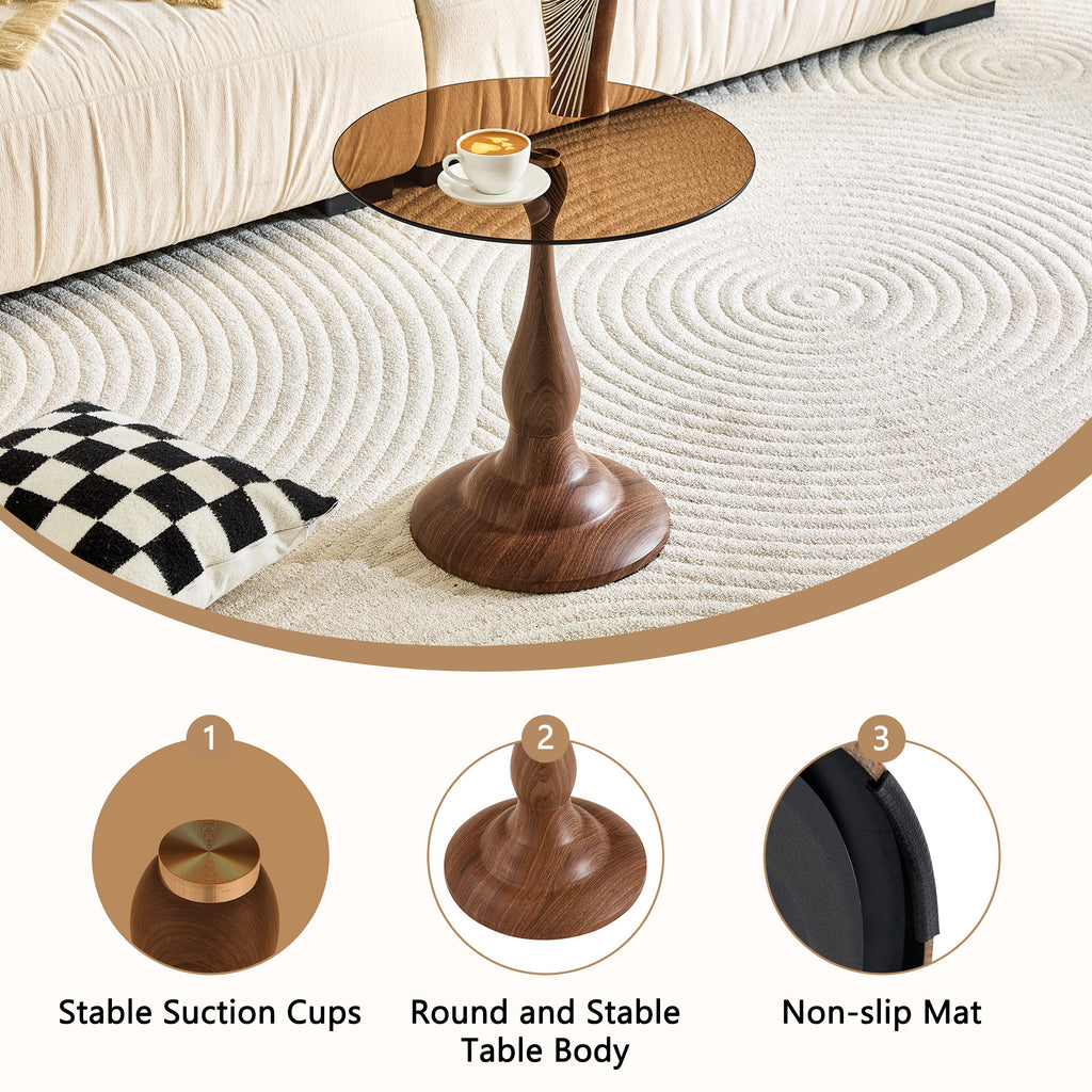 Round metal side table walnut finish angled product view