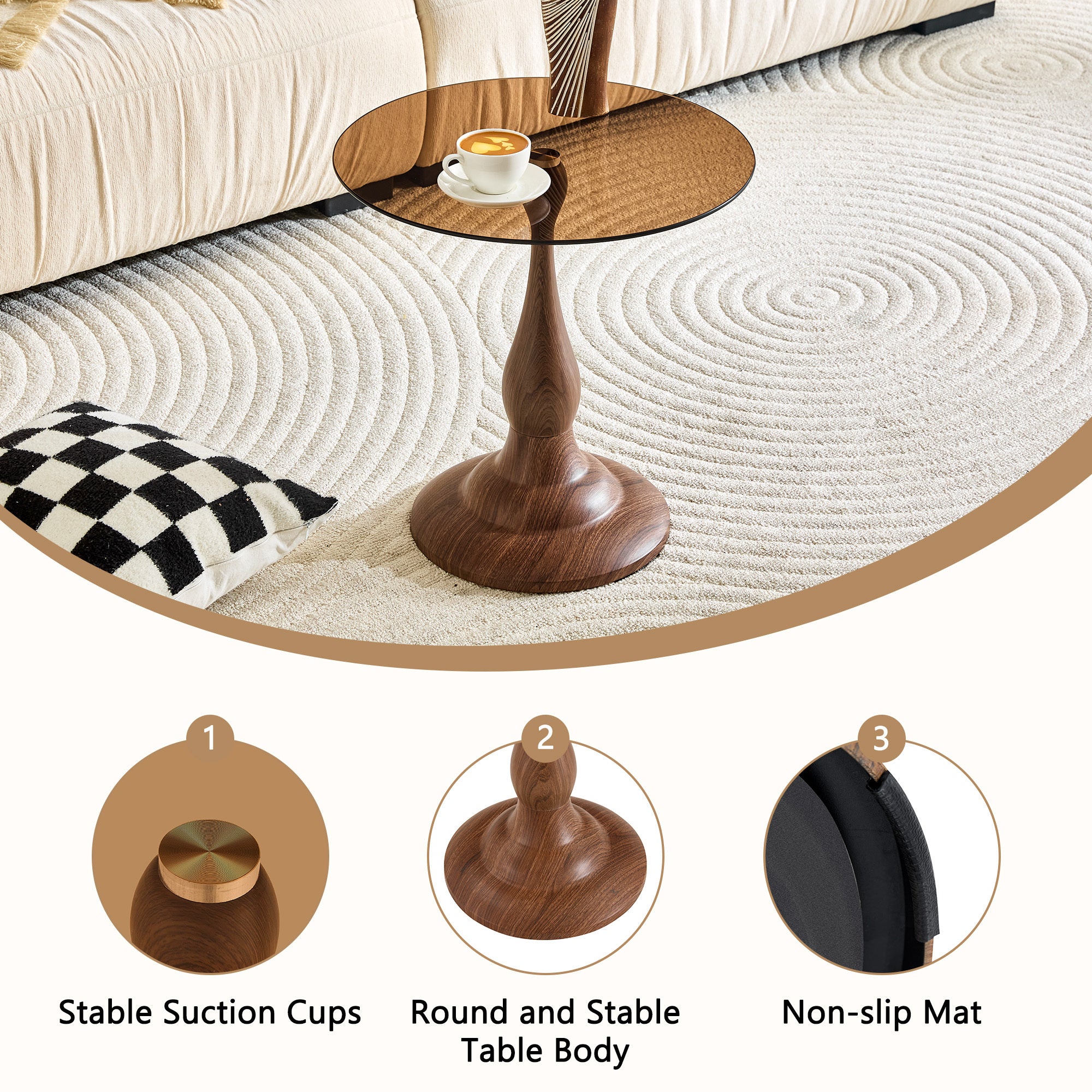 Round metal side table walnut finish angled product view