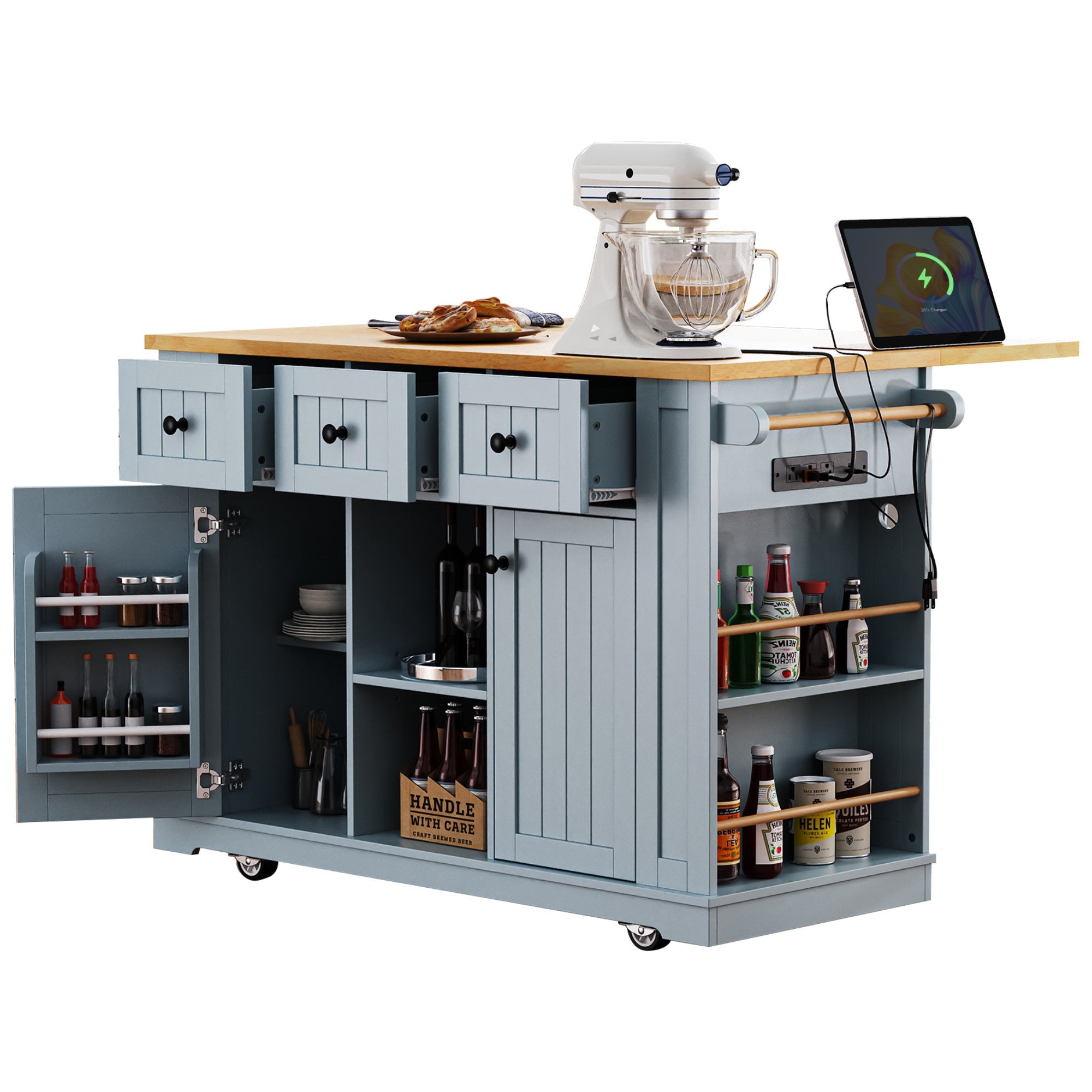 K&K 53inch Large Kitchen Island with Drop Leaf,Power Outlet,Door Internal Storage Rack,Rolling Kitchen Cart on 5 Wheels with 5 Open Side Racks for Kitchen,Black(Two Packages)(Stools not included)