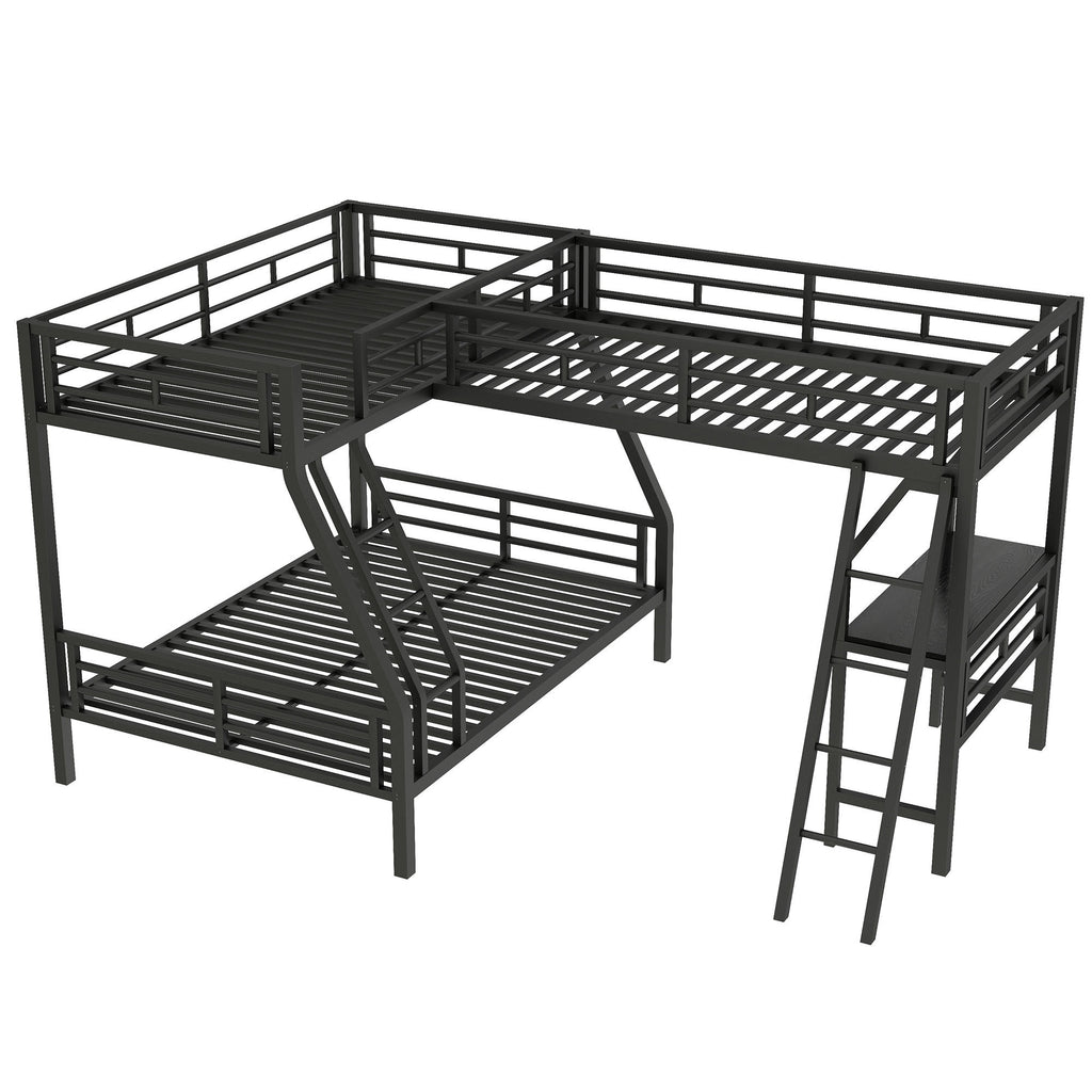 L-shaped triple bunk bed metal frame and MDF desk construction detail