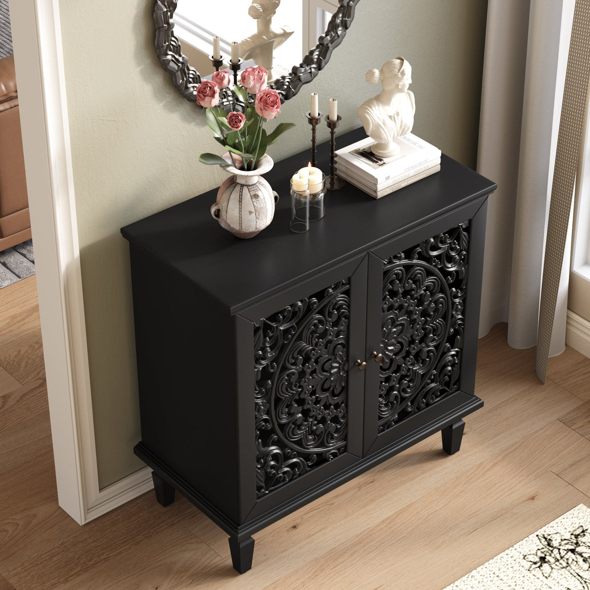 Vintage Hollow-Carved Accent Cabinet, 2-Door Display Storage Sideboard with Symmetrical Floral Design, Adjustable Shelf and Solid Wood Legs for Living Room Entryway(Antique Green)