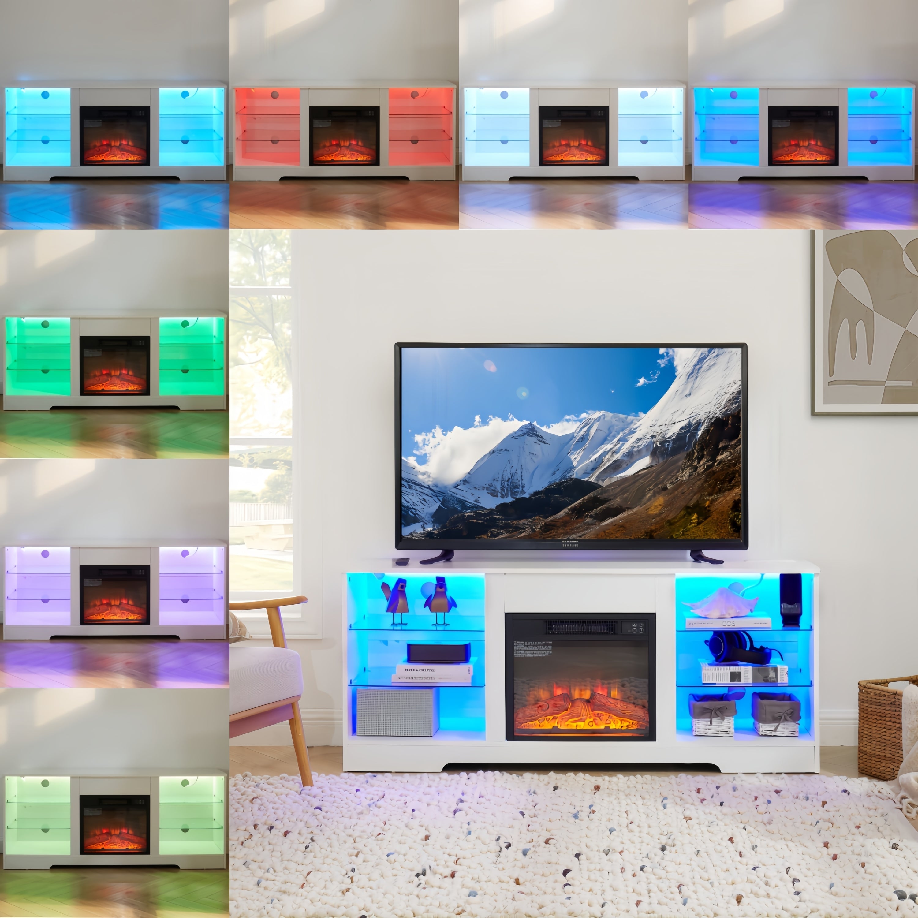 TV Stand with Electric Fireplace — Glass Shelves & USB Outlets for TVs Up to 62"