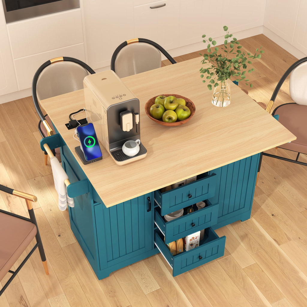 K&K 55.7'' Large Kitchen Island with 2 Drop Leaf,, Rolling Kitchen Cart on 5 Wheels with Power Outlet, Folding Storage Dining Table with Spice & Towel Rack , 3 Drawers, for Kitchen, Dining Room,Black